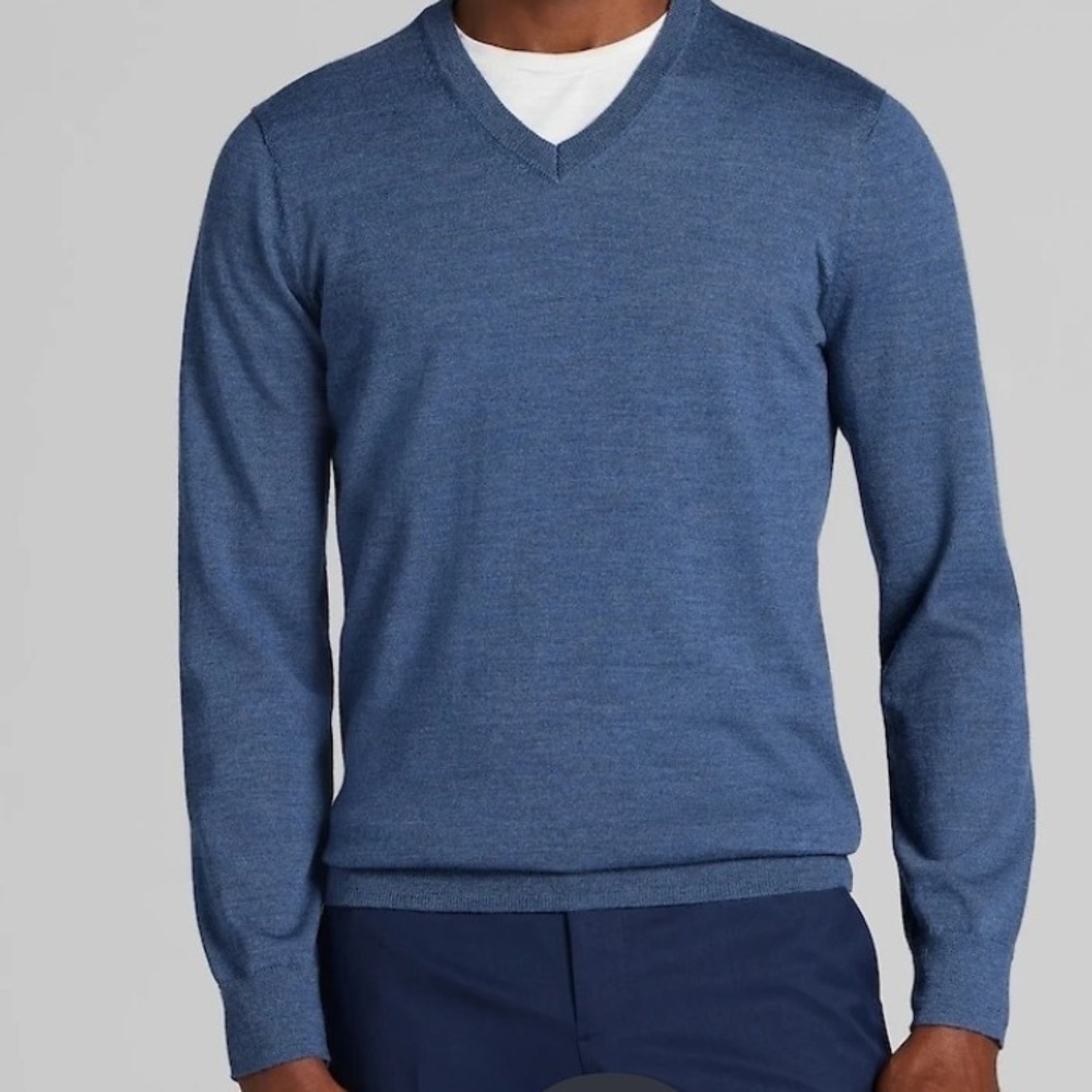 JOS A BANK TRAVELER Mens Blue V Neck Merino Wool Sweater Size XXL Luxury Top